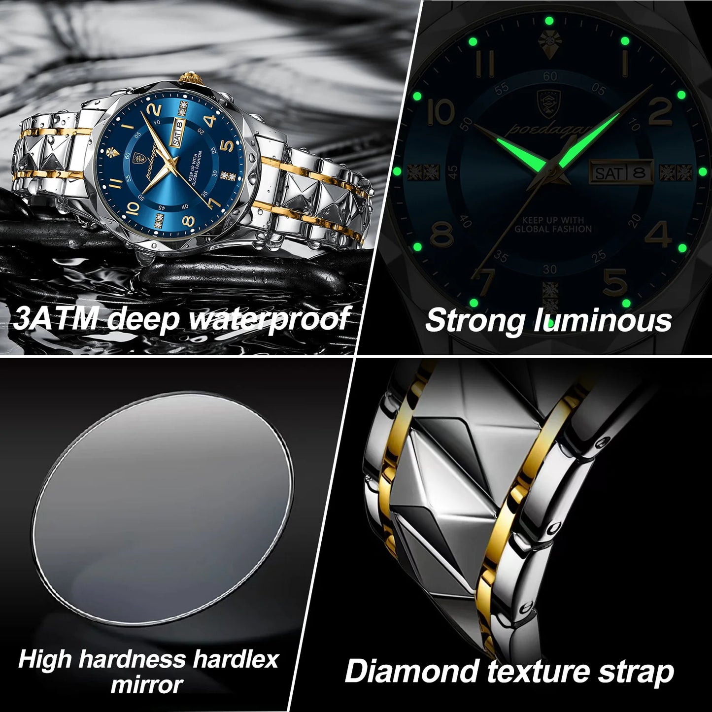 POEDAGAR Luxury Quartz Watch Waterproof Date Week Luminous Wristwatch Stainless Steel Watches Clock Sports