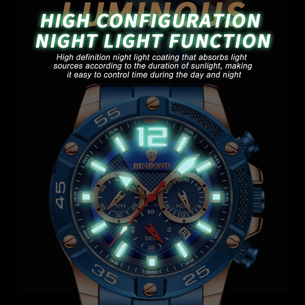 Chronograph Analog Quartz Watch with Date, Luminous Hands, Waterproof Silicone Rubber Strap Wristwatch