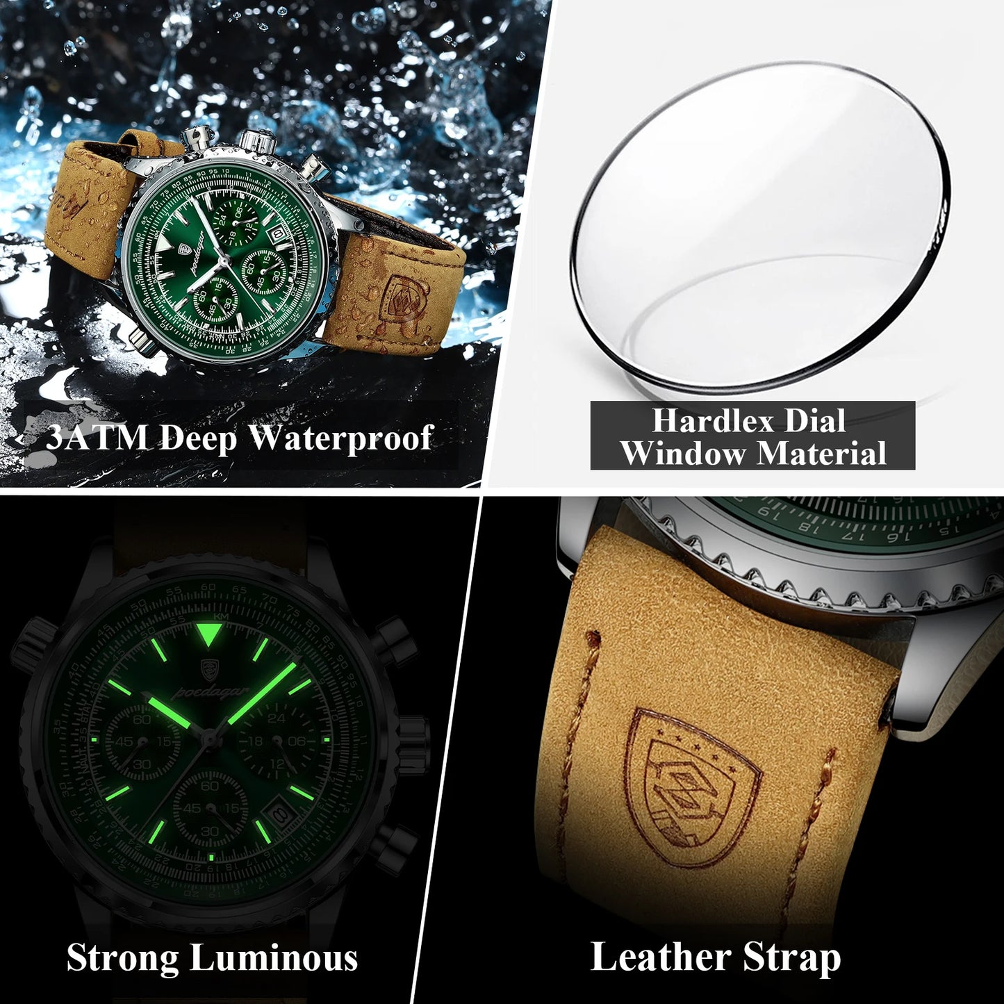 POEDAGAR Luxury Watch Quartz Waterproof Luminous Date Chronograph Leather Wristwatch Military Sports