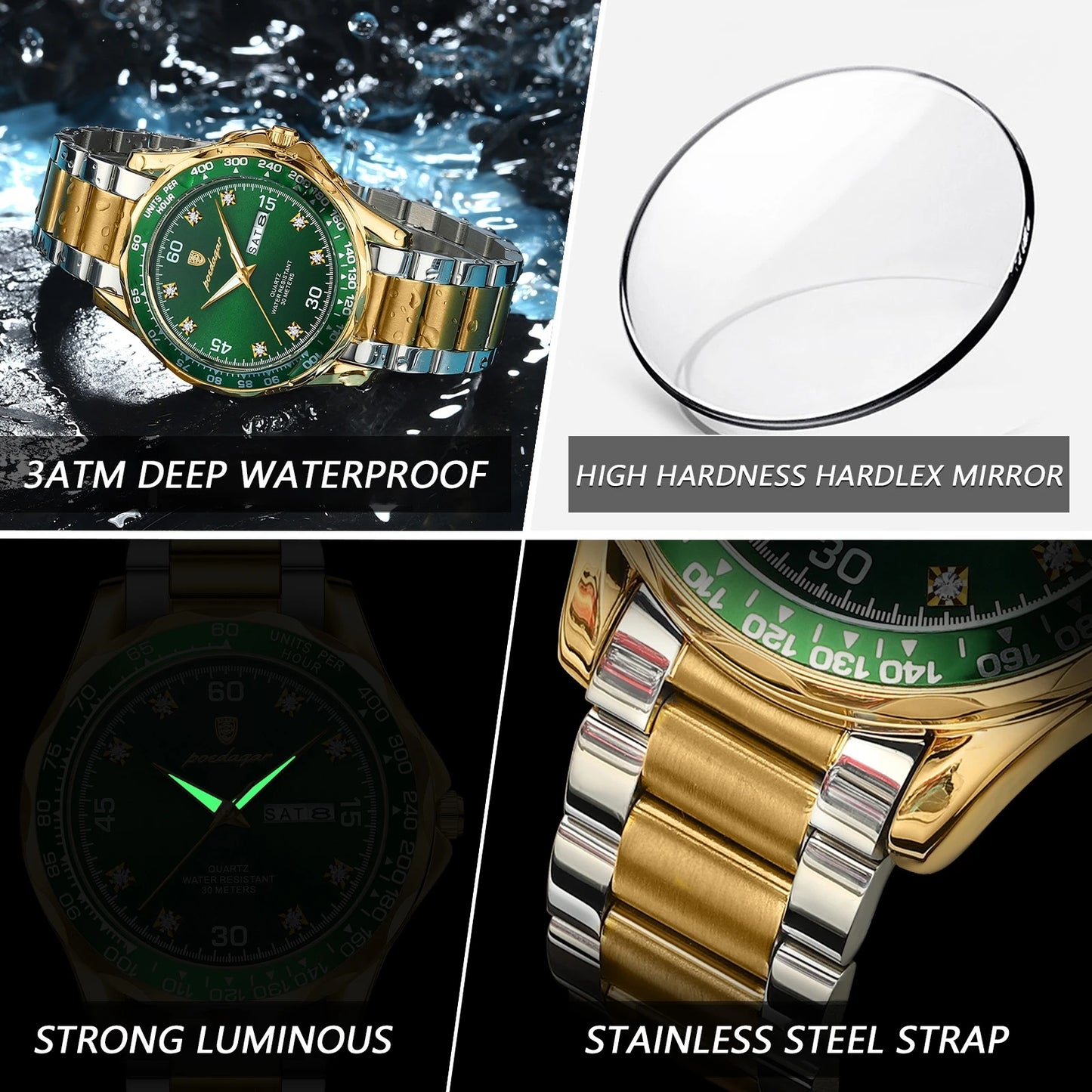 POEDAGAR Top Luxury Watch Waterproof Luminous Date Week Quartz Wristwatch Stainless Steel Sports Military Watches