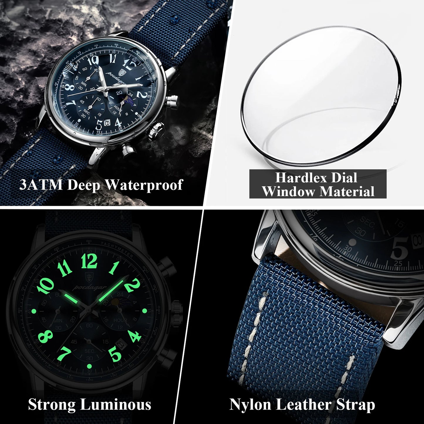 POEDAGAR Luxury Sports Military Watch Waterproof Luminous Chronograph Nylon Leather Date Wristwatch Quartz Watches