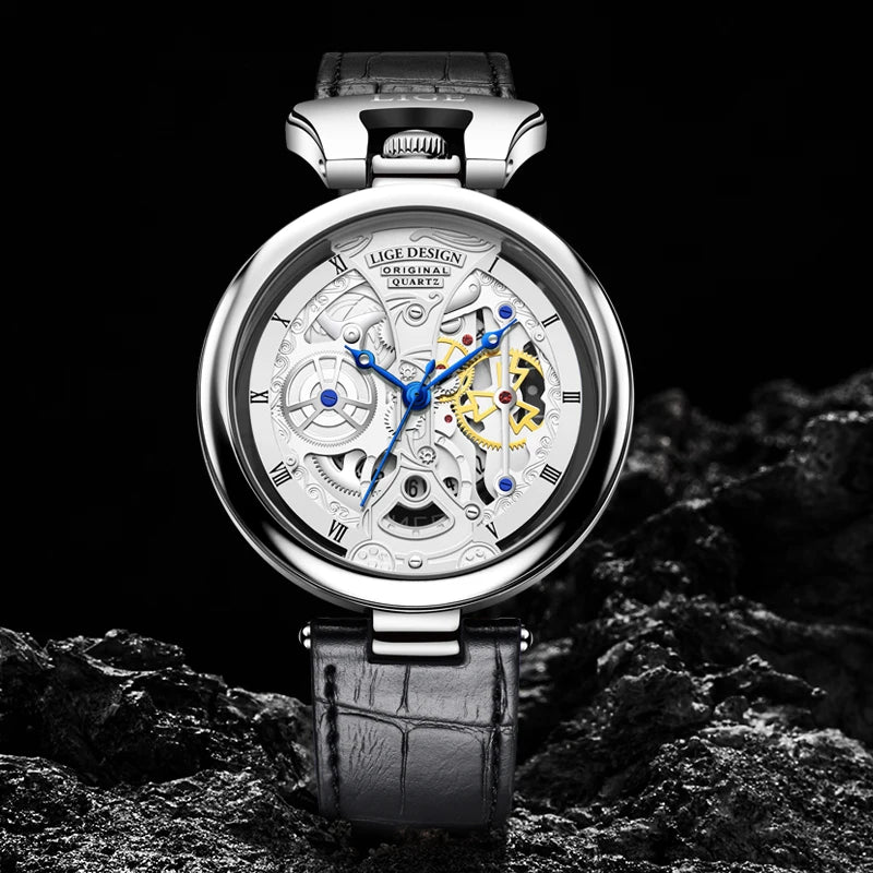 LIGE Creative Hollow Quartz Watch Business Leather Auto Date Waterproof Skeleton Design Watch