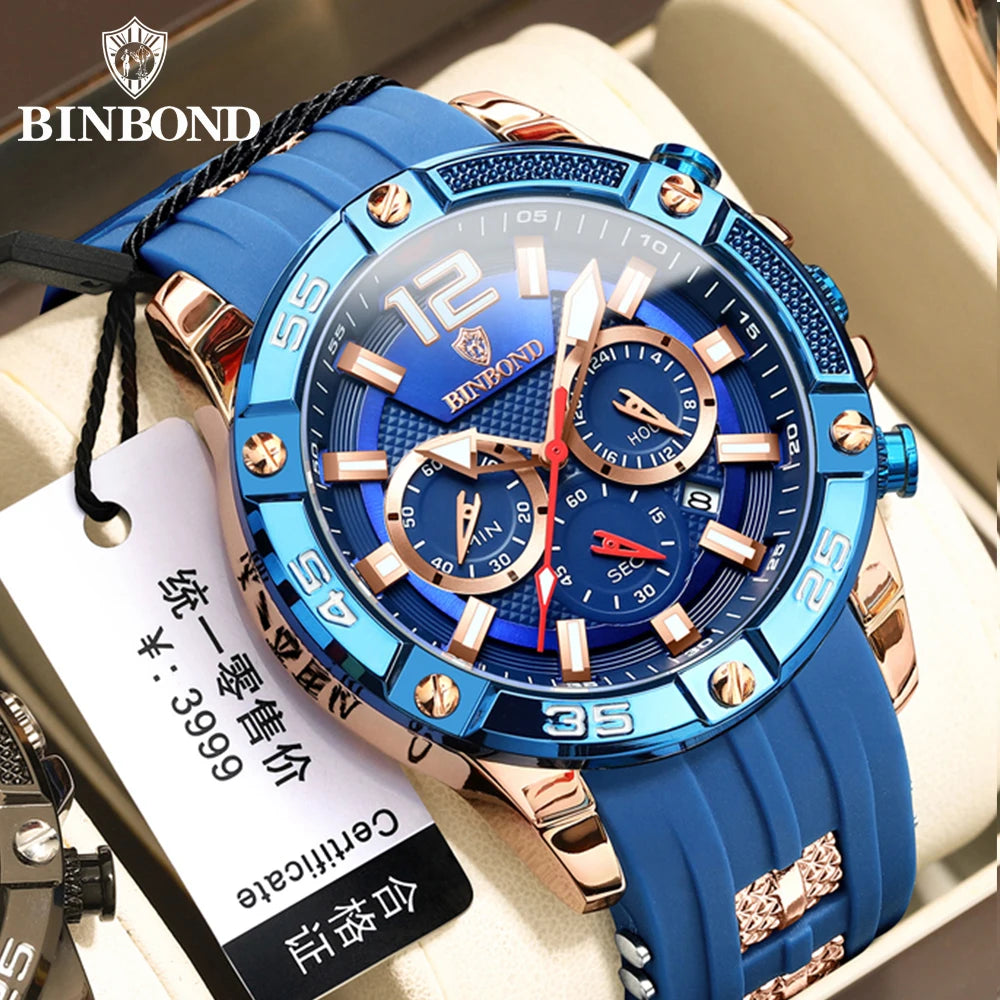 Chronograph Analog Quartz Watch with Date, Luminous Hands, Waterproof Silicone Rubber Strap Wristwatch