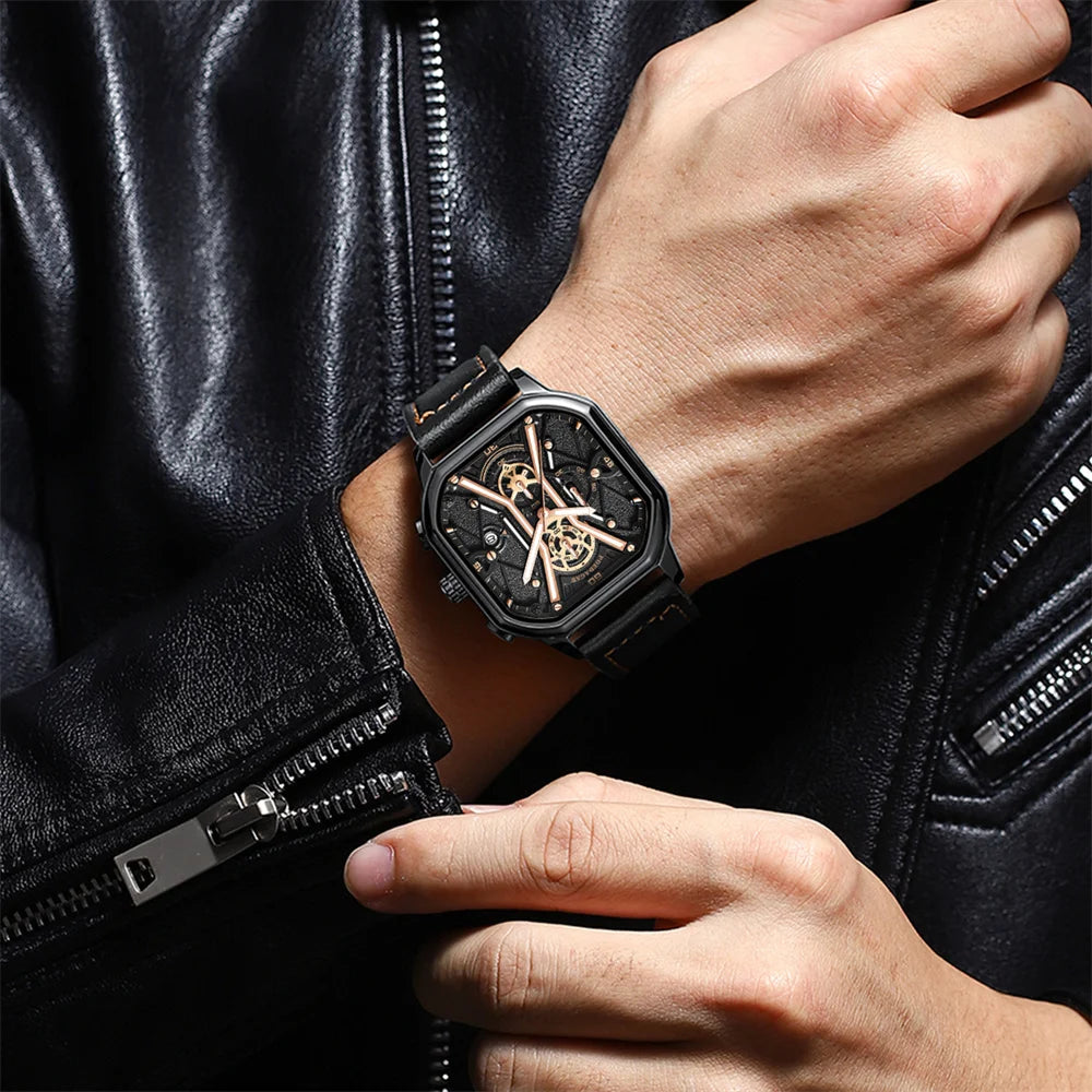 POEDAGAR Fashion Square Dial Chronograph Quartz Watch Luxury Leather Waterproof Luminous Date Watch