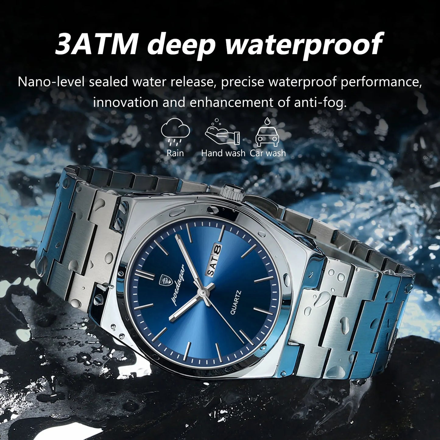 POEDAGAR Luxury Watch Waterproof Luminous Date Week Stainless Steel Watch Casual Quartz