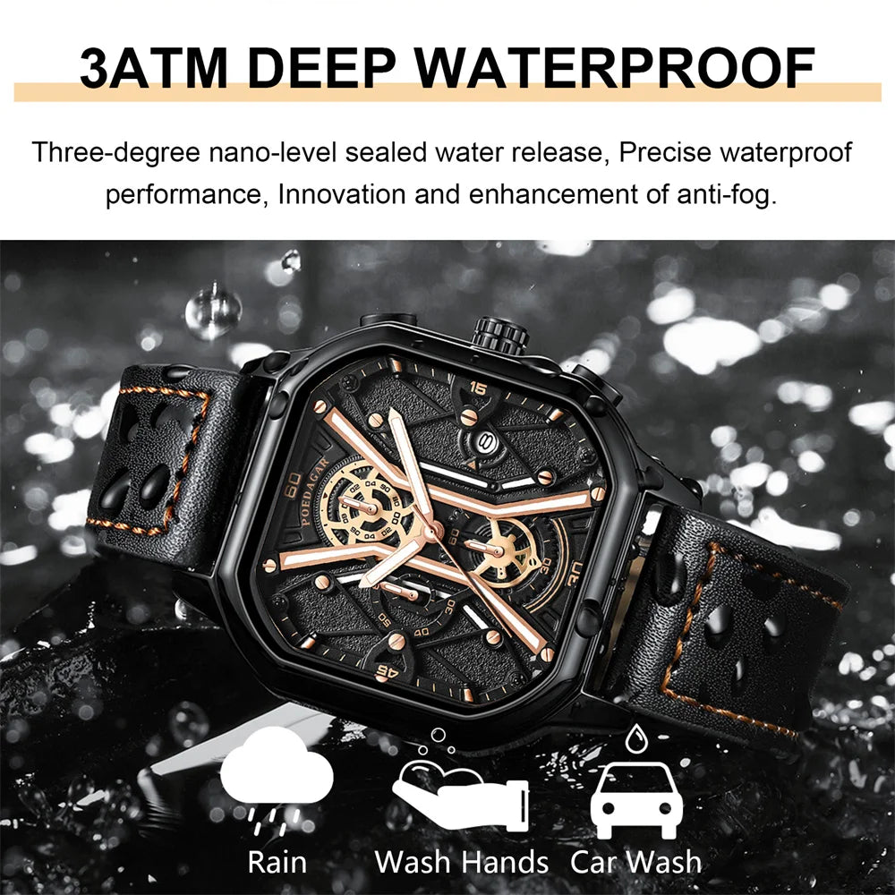 POEDAGAR Fashion Square Dial Chronograph Quartz Watch Luxury Leather Waterproof Luminous Date Watch