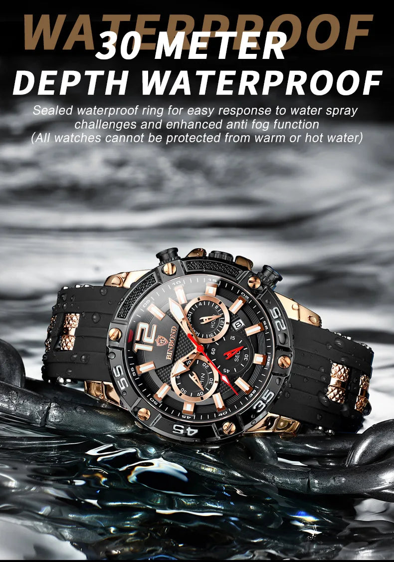 Chronograph Analog Quartz Watch with Date, Luminous Hands, Waterproof Silicone Rubber Strap Wristwatch