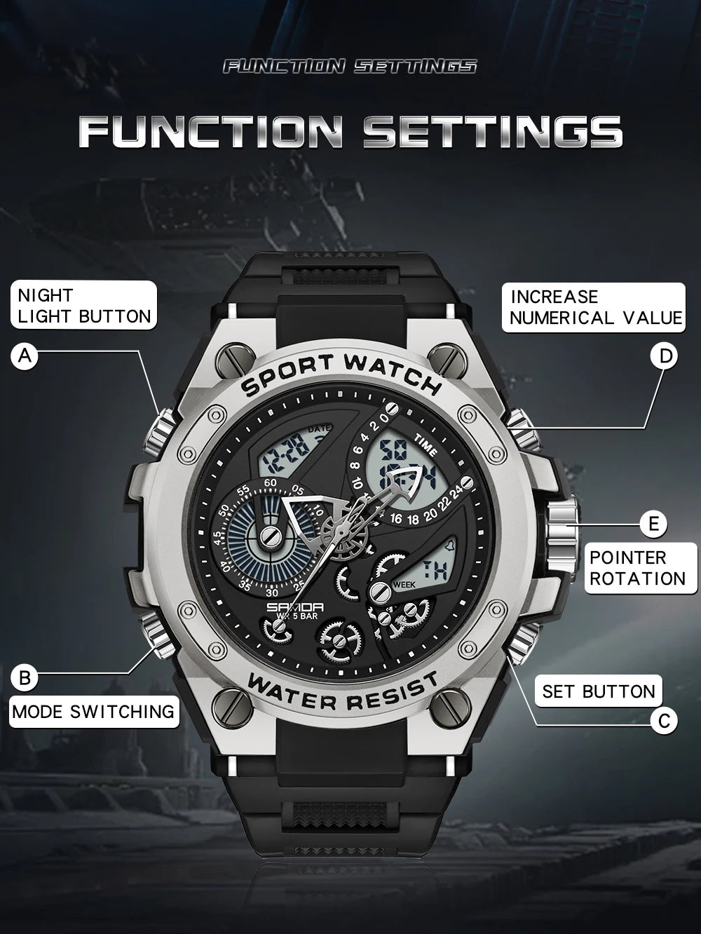 Sanda Watch Electric Watch Multi-Function Fashion Trend Outdoor Luminous Alarm Clock Waterproof Shockproof