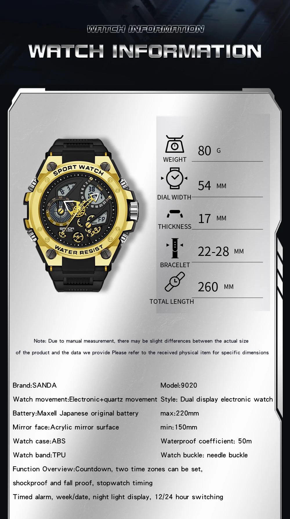 Sanda Watch Electric Watch Multi-Function Fashion Trend Outdoor Luminous Alarm Clock Waterproof Shockproof