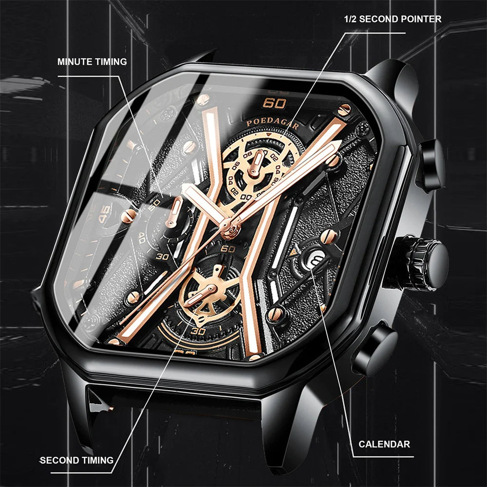 POEDAGAR Fashion Square Dial Chronograph Quartz Watch Luxury Leather Waterproof Luminous Date Watch